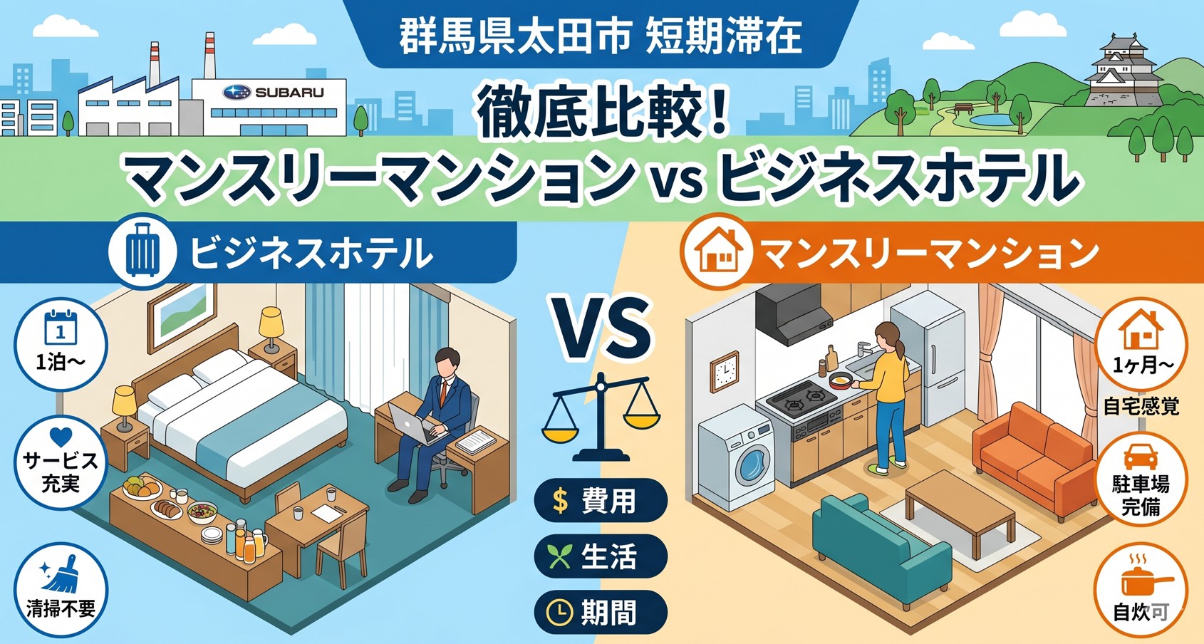 太田市で短期滞在ならどっち？マンスリーマンションとビジネスホテルの費用・利便性を徹底比較